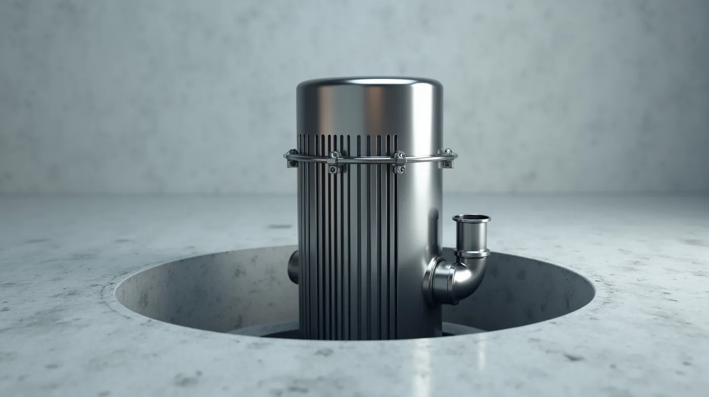 Professional editorial photograph of a submersible well pump: polished stainless steel pump housing with vertical intake