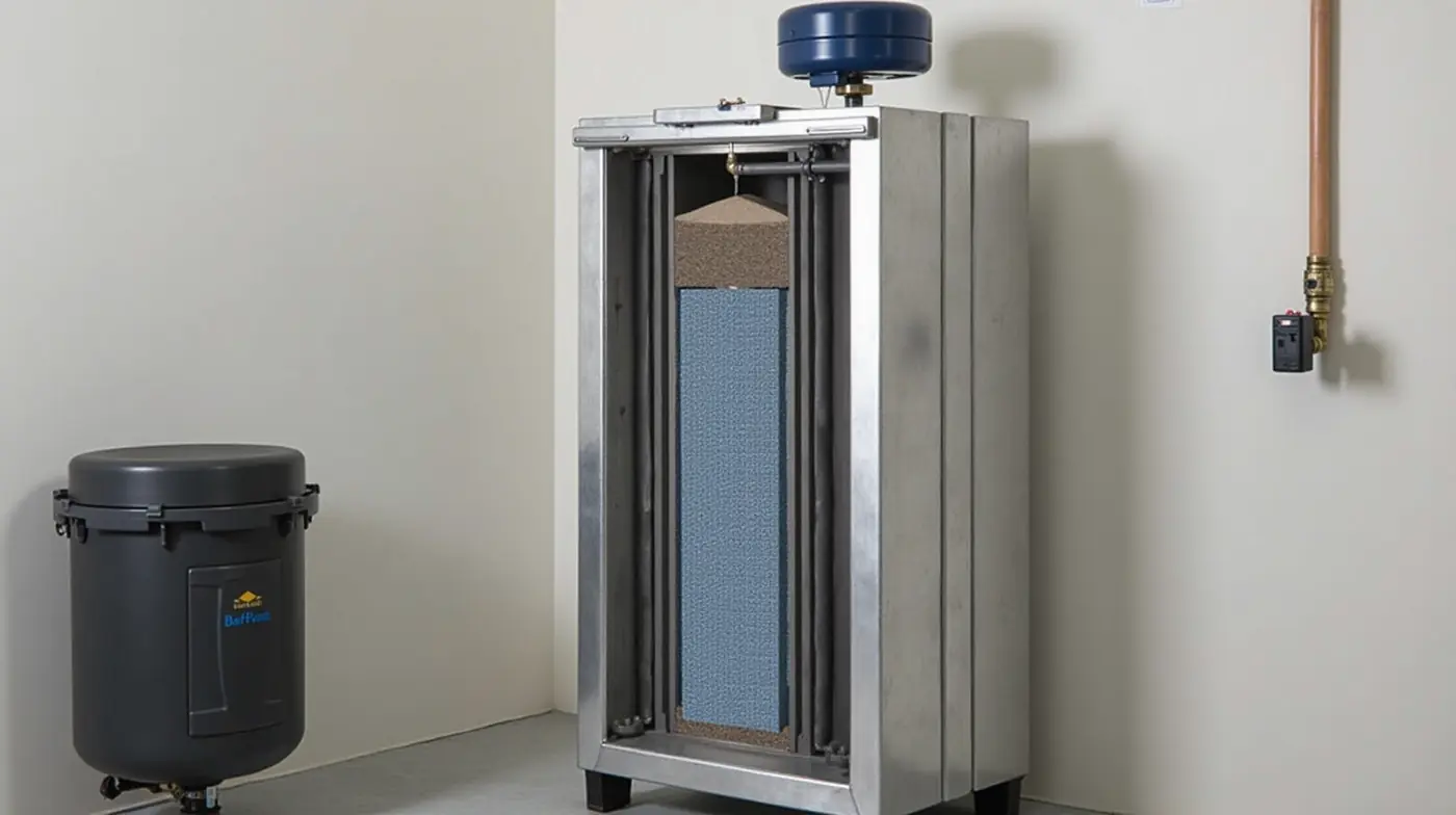 Professional editorial photograph of a vertical steel sand filter tank for a residential well water system, standing in