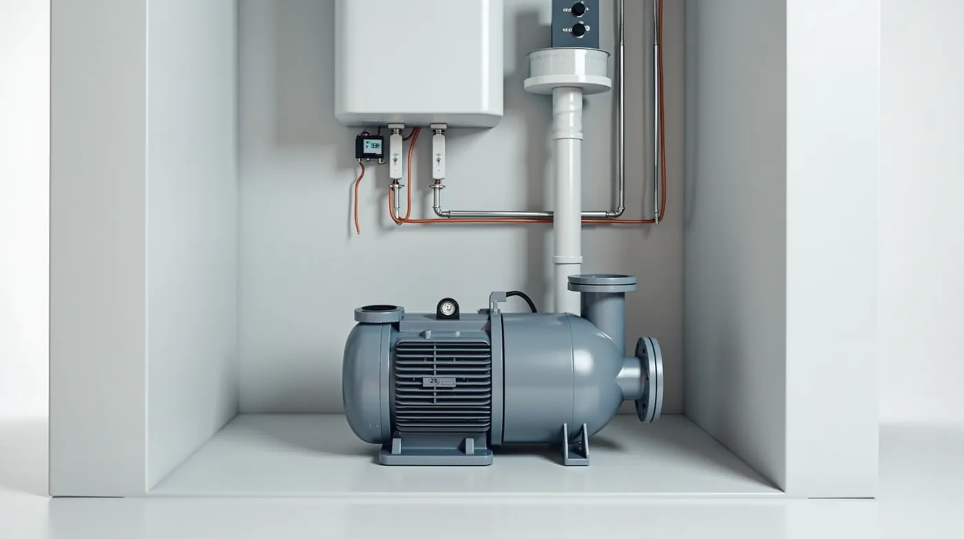 A professional editorial photograph of an above-ground residential well pump system in a clean utility well house, showi
