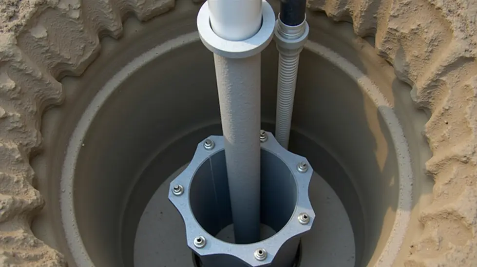 Pitless well adapter fitted on a steel well casing with water line, air line, and electrical conduit