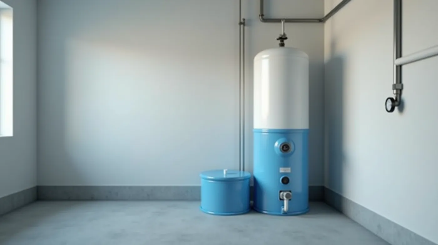 Professional editorial photograph of a cylindrical residential water well pressure tank in a clean utility room, white a